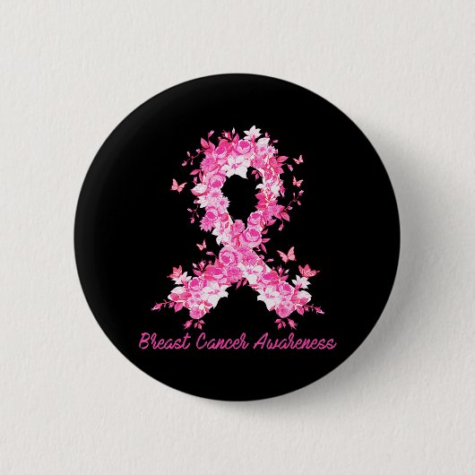 Borstkankerbewustzijn vlinder bloemroze ronde button 5,7 cm (Voorkant)
