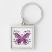 Borstkankerbewustzijn vlinder met bloemenbord sleutelhanger (Voorkant)