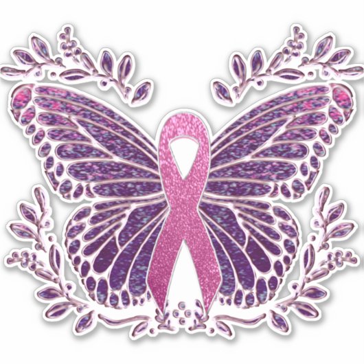 Borstkankerbewustzijn vlinder met bloemenbord sticker (Voorkant)
