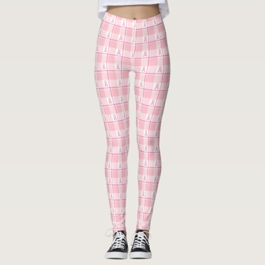 Borstkankerbewustzijns Plaid Roze Lint Leggings (Voorkant)