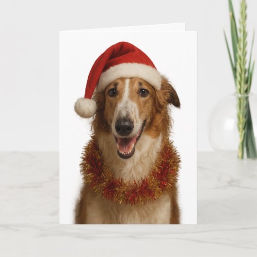 Borzoi (bruin en wit) kerstkaart met kerstmuts kaart (Voorkant)