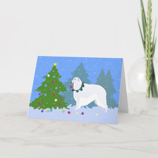 Borzoi Decorteert kerstbomen in het bos Feestdagen Kaart (Voorkant)