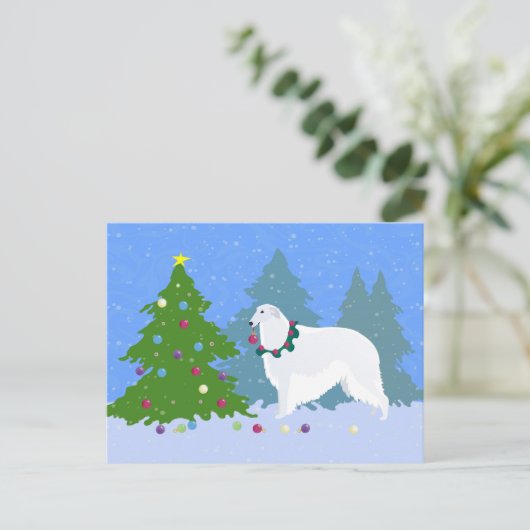 Borzoi Decorteert kerstbomen in het bos Feestdagenkaart (Staand voorkant)