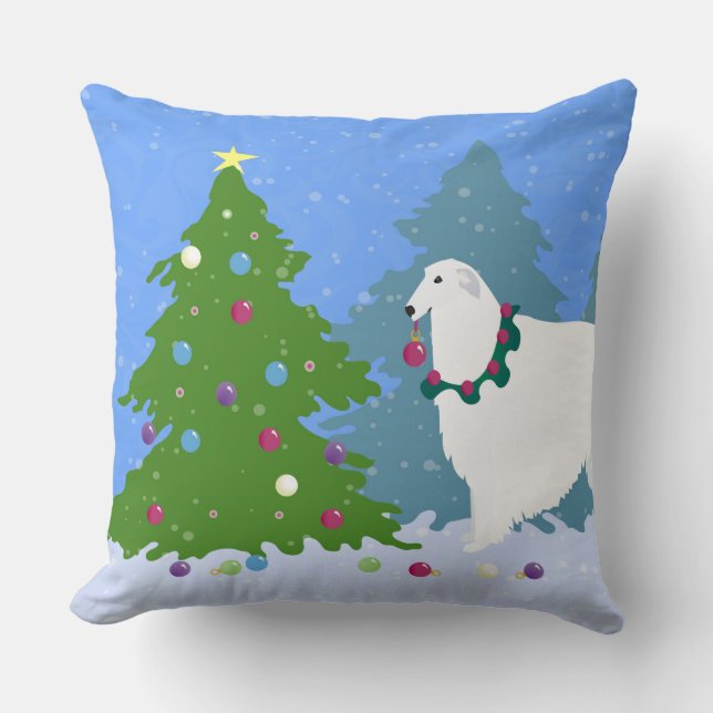 Borzoi Decorteert kerstbomen in het bos Kussen (Voorkant)