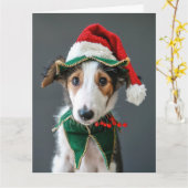 Borzoi Elf Puppy Kerst Kaart (Gele Bloem)