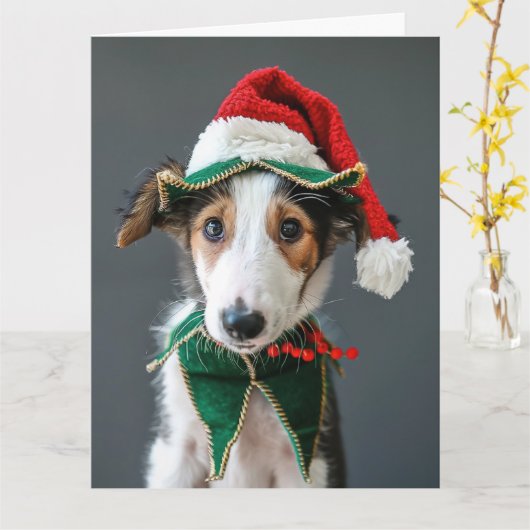 Borzoi Elf Puppy Kerst Kaart (Gele Bloem)