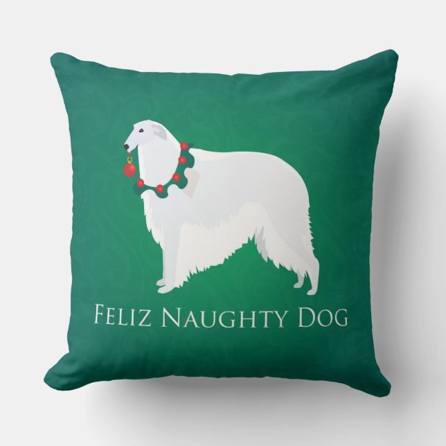 Borzoi Feliz Naughty Dog-kerstontwerp Kussen (Voorkant)
