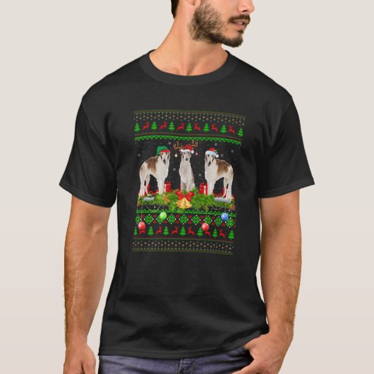 Borzoi Hondenliefhebber Xmas Lighting Santa Ugly B T-shirt (Voorkant)