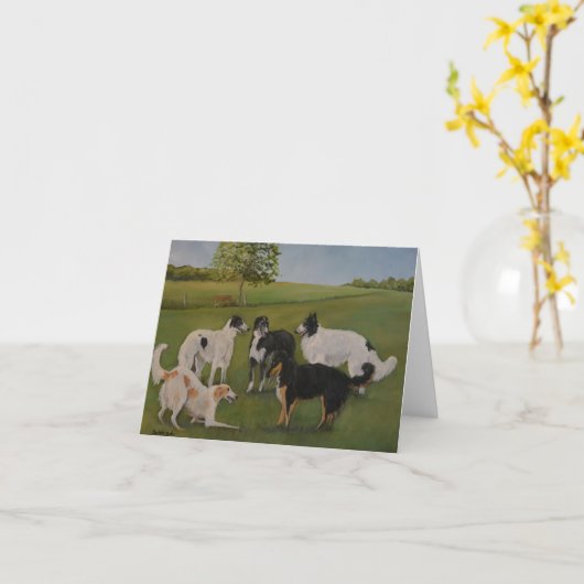 Borzoi Play Time Original Dog Art Note Kaart (Gele Bloem)