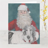 Borzoi & Santa Dog Art Kerst Kaart (Gele Bloem)