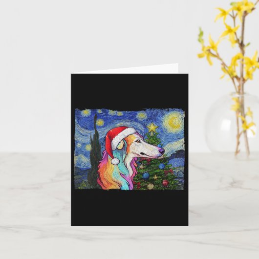 Borzoi Santa Hat Christmas Sterrennacht Dog Art Pa Kaart (Gele Bloem)