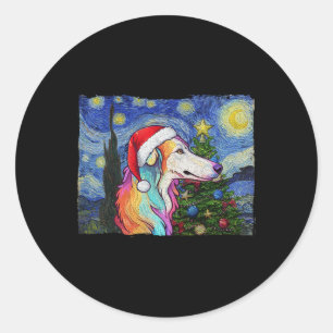 Borzoi Santa Hat Christmas Sterrennacht Dog Art Pa Ronde Sticker