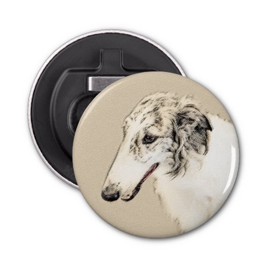 Borzoi (Silver Brindle) Schilderende oorspronkelij Button Flesopener (Voorkant)