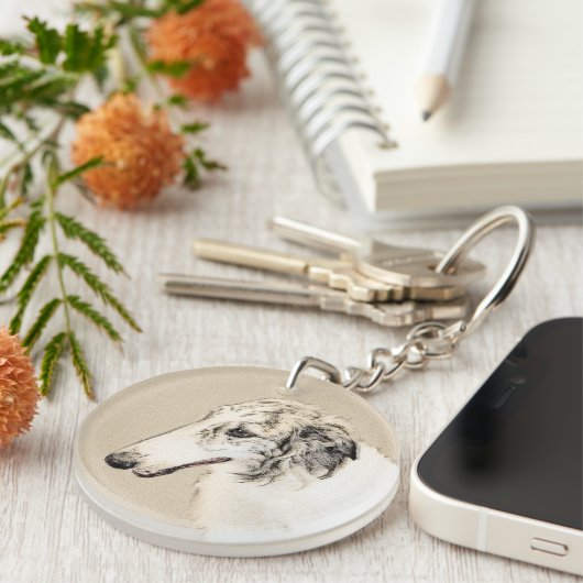 Borzoi (Silver Brindle) Schilderende oorspronkelij Sleutelhanger (Voorkant Rechts)