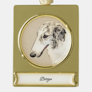 Borzoi (Silver Brindle) Schilderende oorspronkelij Verguld Banner Ornament