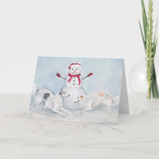 Borzoi spelen met Snowman Dog Art Wenskaart Kaart (Voorkant)