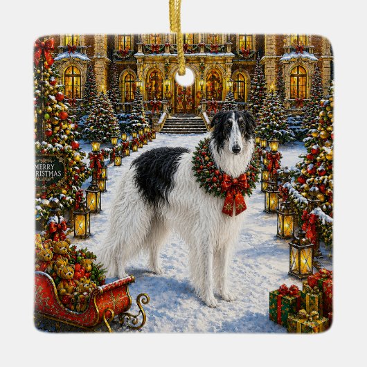 Borzoi Vakantie Keramisch Ornament (Voorkant)