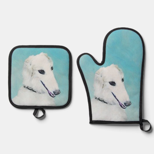 Borzoi White Schilderij Russische Wolfshond Dog Ar Ovenwant & Pannenlap Set (Voorkant)