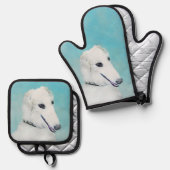 Borzoi White Schilderij Russische Wolfshond Dog Ar Ovenwant & Pannenlap Set (Voorkant / Achterkant)