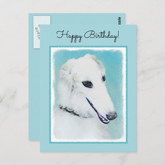 Borzoi (wit) schilderen - Kute Original Dog Art Briefkaart (Voorkant / Achterkant)