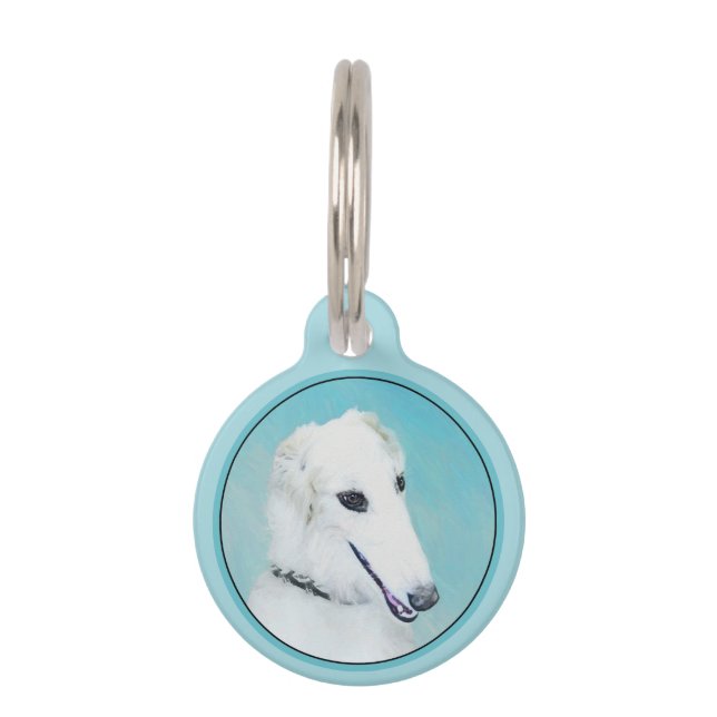 Borzoi (wit) schilderen - Kute Original Dog Art Huisdierpenning (Voorkant)