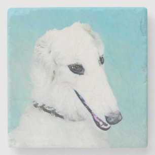 Borzoi (wit) schilderen - Kute Original Dog Art Stenen Onderzetter