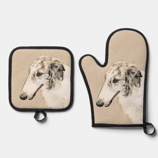 Borzoi Zilveren Brindle Schilderij Wolfshond Dog A Ovenwant & Pannenlap Set (Voorkant)