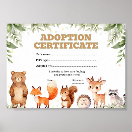 Bos adoptie huisdier kleur certificaat poster (Voorkant)