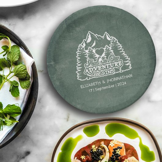 Bos avontuur begint citaat rustieke groene bruilof papieren bordje