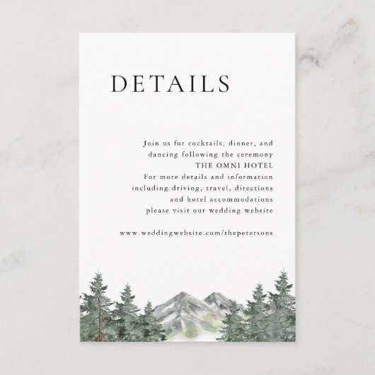 Bos Berg Dennenboom Trouwdetails Informatiekaartje (Voorkant)