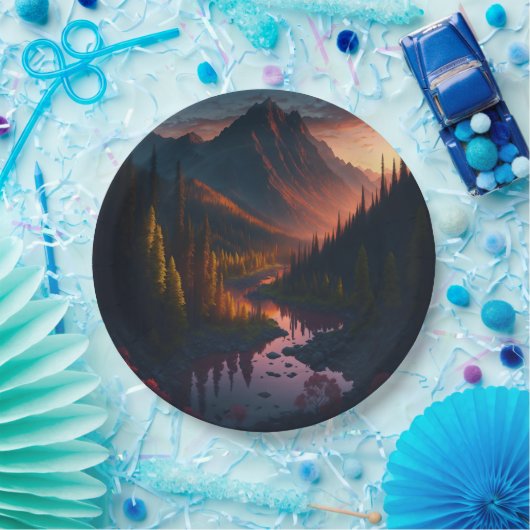 Bos Berghorizon met zonsondergang Papieren Bordje (Feest)