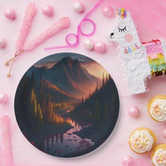 Bos Berghorizon met zonsondergang Papieren Bordje (Feest)