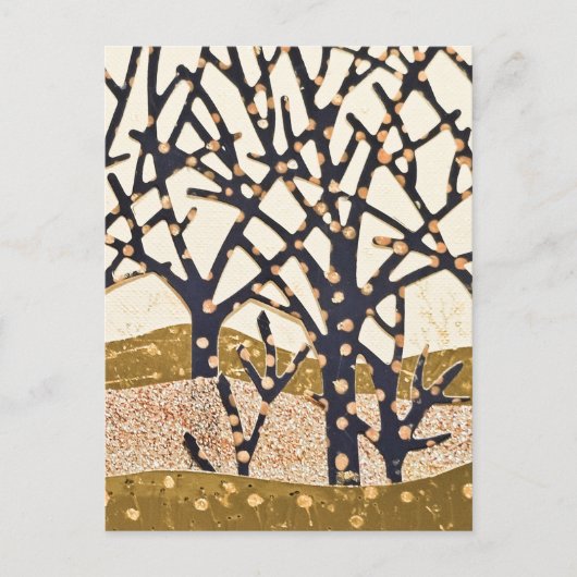 Bos, blauw en goud feestdagenkaart (Voorkant)