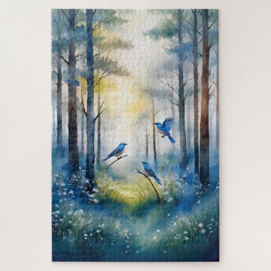 Bos Blauwe Vogels Schitterend Bos Legpuzzel (Verticaal)