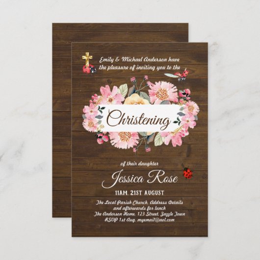 Bos bloemen roze doop uitnodiging doopsel (Voorkant / Achterkant)