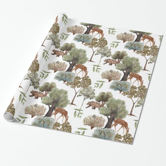 Bos Bomen Herten Beren Vogels Cadeaupapier (Uitgerold)