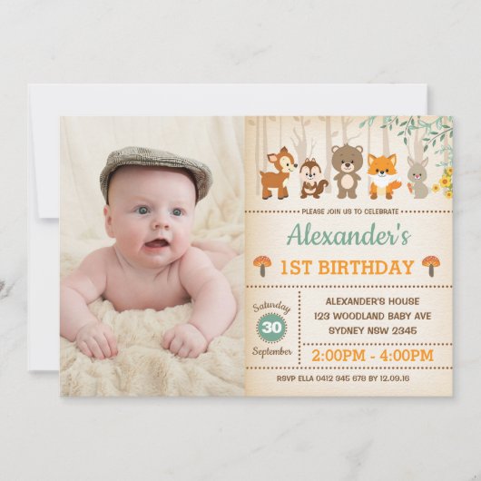 Bos bos 1e verjaardagsfeestje voor baby dieren kaart (Voorkant)