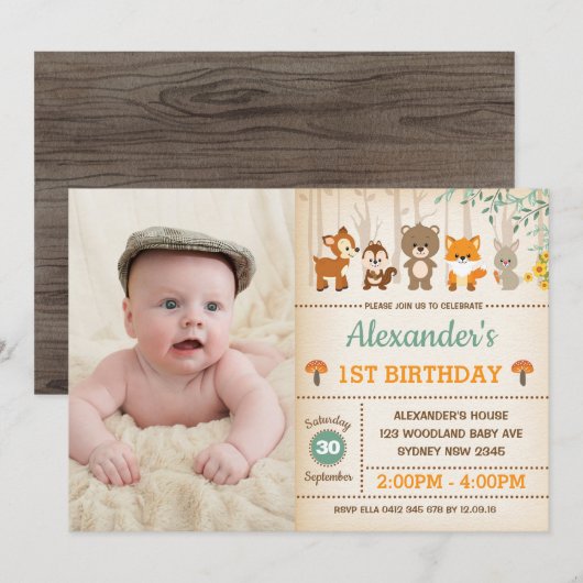 Bos bos 1e verjaardagsfeestje voor baby dieren kaart (Voorkant / Achterkant)