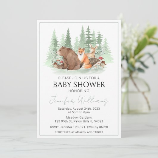 Bos bos groen baby shower uitnodiging (Staand voorkant)