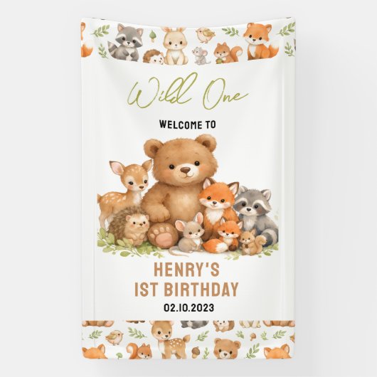 Bos bosdieren Wild One 1e verjaardag Spandoek (Verticaal)