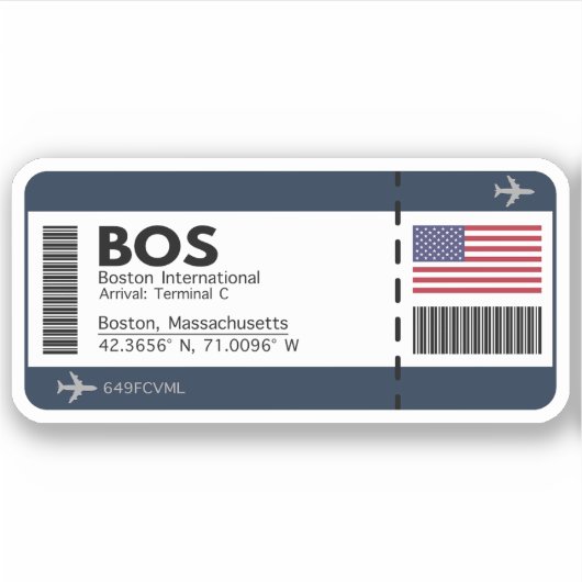 BOS Boston Airport Boarding Pass Sticker - Verenig (Voorkant)