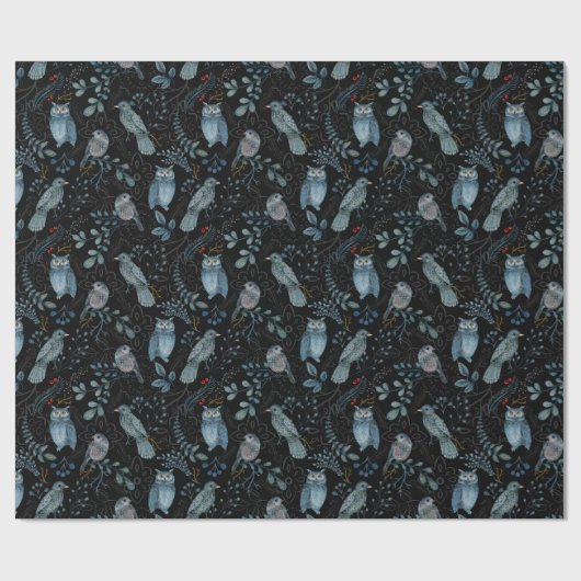 Bos Botanisch Bos Blauwe Vogel Uil Kerstmis Cadeaupapier (Vlak)