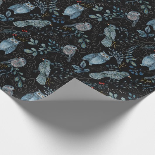 Bos Botanisch Bos Blauwe Vogel Uil Kerstmis Cadeaupapier (Hoek)