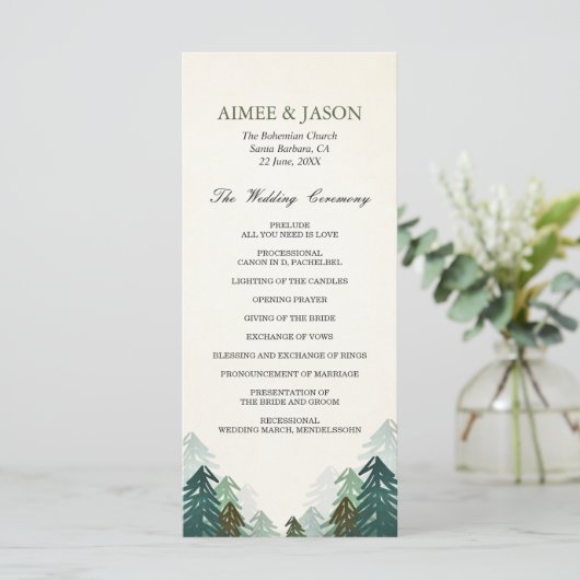 Bos bruiloft ceremonie programma dennenbomen winte (Staand voorkant)