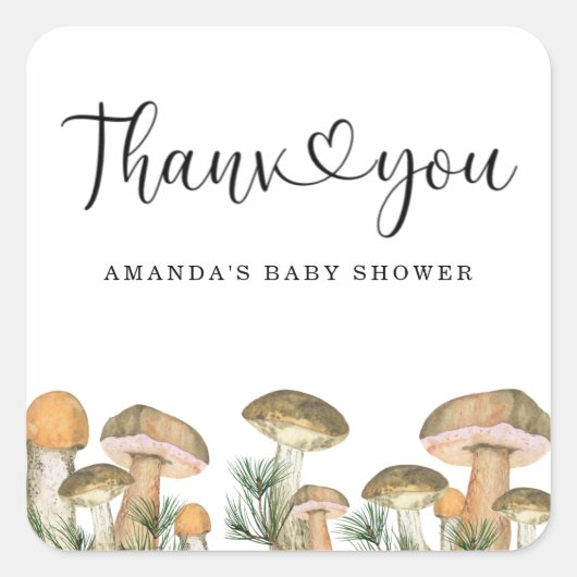 Bos champignons baby shower dank u vierkante sticker (Voorkant)