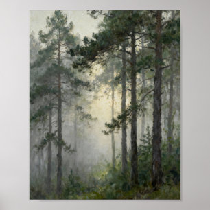 bos, dennen, nevel, mist, landschap, olieverfschil poster