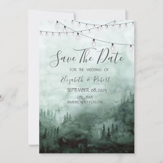 Bos,Dennenbomen,Slinger Licht Groen Bewaar De Datu Save The Date (Voorkant)