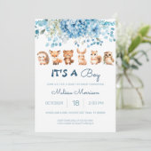 Bos Dieren Blauw Baby Jongen Douche Kaart (Staand voorkant)