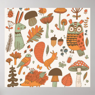 Bos dieren: herfst kleurrijke achtergrond. poster