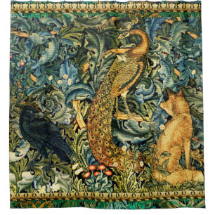 BOS DIEREN, RAVEN, VOS, PAUW Blauw Groen Bloemen Douchegordijn